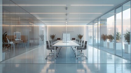 Fototapete - A sleek startup office space featuring glass partitions, ergonomic chairs, and a long, minimalist white table equipped with high-tech gadgets.