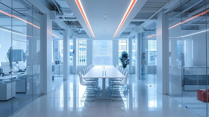 Fototapete - A sleek startup office space featuring glass partitions, ergonomic chairs, and a long, minimalist white table equipped with high-tech gadgets.