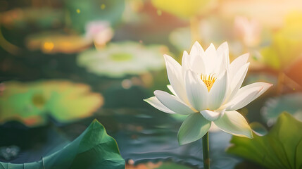 Wall Mural - beautiful  White Lotus Flower with green leaf in in pond : Generative AI