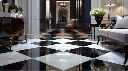 Poster - A sophisticated porcelain floor design with rectangular tiles in a monochromatic palette of black, white, and charcoal. This arrangement combines modern refinement with classic elegance.