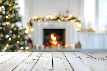 Wall Mural - White wooden tabletop with blurred christmas fireplace background
