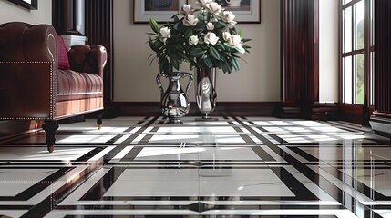 Wall Mural - A sophisticated porcelain floor design with rectangular tiles in a monochromatic palette of black, white, and charcoal. This arrangement combines modern refinement with classic elegance.