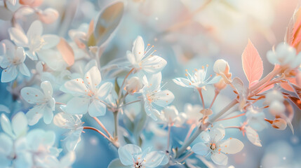 Poster - Small white flowers on a toned on gentle soft blue and pink background outdoors closeup macro  Spring summer border  template floral background Light air delicate artistic image free s : Generative AI