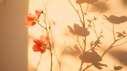 Aufkleber - Natural flower shadows are blurred on light brown and cream color wall at home at sunrise : Generative AI
