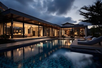 Wall Mural - Luxury villa with swimming pool at night. Panorama