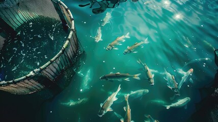 Wall Mural - Fish swimming near fishing net in clear water