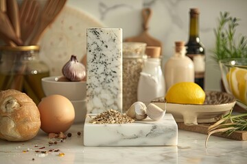 Wall Mural - Marble stone stand on kitchen table with various food ingredients - generative ai