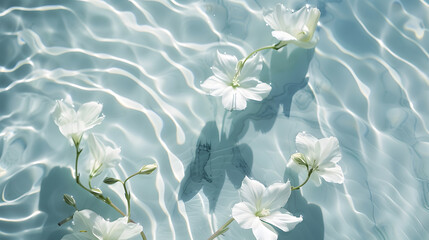 Wall Mural - White flowers and buds floating on water surface in a light blue container Top view Sun reflecting of ripples on a surface creating shadows on the bottom : Generative AI