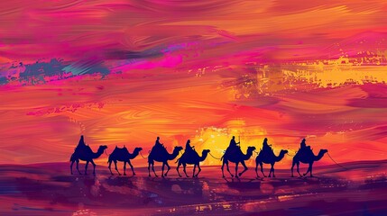 A camel caravan trekking through the desert, silhouetted against a vibrant orange and pink sunset sky