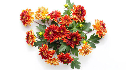 Aufkleber - Flowers creative composition Bouquet of chrysanthemum flowers plant with leaves isolated on white background Flat lay top view copy space : Generative AI