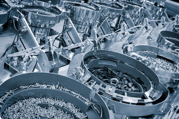 Poster - Furniture factory, conveyor for feeding components screws, screws, nuts, washers and other components in round rotating sorting machines