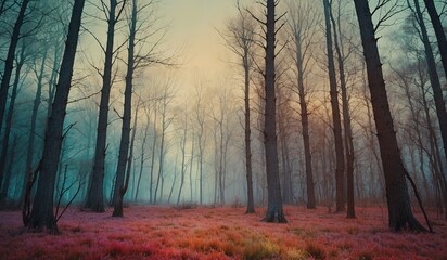  Mystical forest with tall bare trees and colorful ground