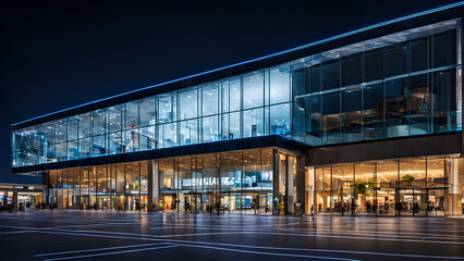 Wall Mural - Night view from front of a Shopping mall with glass windows and glass doors