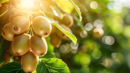 Wall Mural - Kiwi fruits hanging from the branches in an orchard, with sunlight filtering through leaves creating soft shadows on their golden-brown skin and green leafy backdrop.