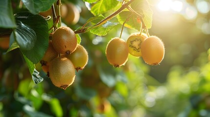 Wall Mural - Kiwi fruits hanging from the branches in an orchard, with sunlight filtering through leaves creating soft shadows on their golden-brown skin and green leafy backdrop.