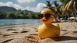 © Halfjoy - Rubber duck facing the camera wearing sunglasses floating in sea sand with ball beach and ocean behind background