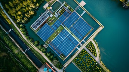 a water treatment plant equipped with a state-of-the-art solar power system, illustrating the facili