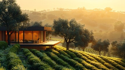 Wall Mural - Modern house with wooden deck overlooking olive grove and rolling hills at sunset.