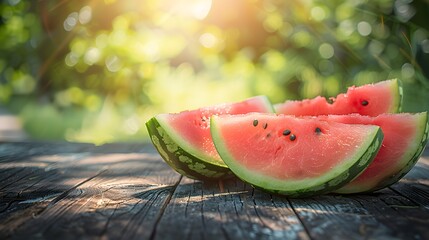 Watermelon slices on a wooden table against a blurred background with copy space, depicting a summer concept. for eating and isolated over a natural background. A banner template.