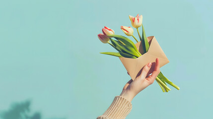 Contemporary art collage of hand holding an envelope with flowers tulips Holidays and love concept Womens Day on March 8 Valentines Day Greeting card Copy space : Generative AI
