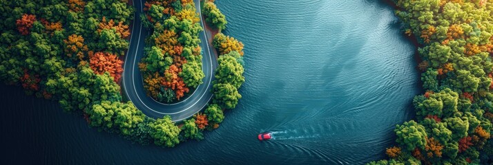 Wall Mural - Aerial View of Winding Road Through Autumnal Forest