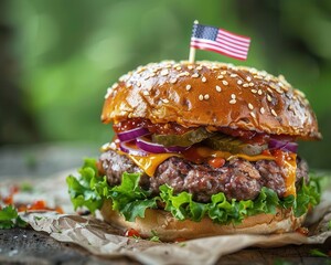 Juicy beef burger with cheese and fresh veggies, American flag toothpick, festive outdoor picnic, natural daylight, closeup shot, shallow depth of field