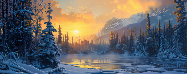 Wall Mural - The first light of dawn breaking over a forest of snow-laden trees, casting a warm glow on the snowy landscape and distant mountain peaks