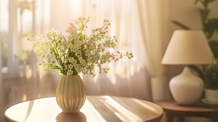 Aufkleber - Cozy home desk table with lamp bunch of spring flowers in vase greeting card mockup Hygge boho style scandinavian living room : Generative AI