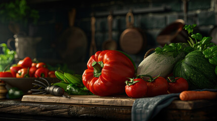 Canvas Print - A table with a variety of vegetables including a large red pepper