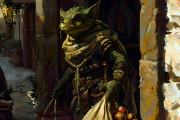 Wall Mural - A high-resolution illustration of a kobold thief sneaking through the shadows of a marketplace, with a sack of stolen goods slung over their shoulder and a mischievous grin on their face