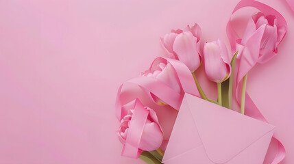 Wall Mural - Mothers Day concept Top view photo of bouquet of pink tulips tied with silk ribbon and envelope with postcard on isolated pastel pink background with copyspace : Generative AI