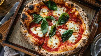 Wall Mural - A pizza with basil leaves on top of it. The pizza is sitting on a wooden tray. The tray is placed on a table