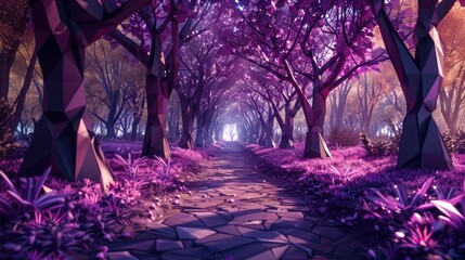 Wall Mural - A walkway in a forest with purple trees and purple flowers. The walkway is made of stone and is surrounded by purple bushes. Scene is serene and peaceful, as the purple flowers