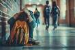 © ryanbagoez - Bullying at school and high school. Upset bullied teen boy suffering sitting against the school locker on the floor in the school corridor.