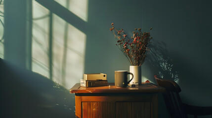 Note pad mug and arrangement of dried flowers on small cabinet : Generative AI