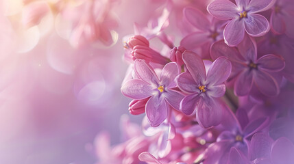 Beautiful Wide Angle soft spring background with lilac flowers Panoramic pastel floral pink and purple template Web banner greeting card with Copy Space : Generative AI