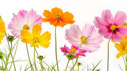 Poster - Orange pink and yellow cosmos flowers are bloom on a white background : Generative AI