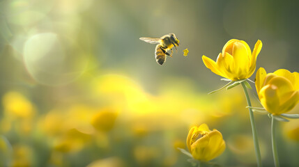 Sticker - Flying honey bee collecting pollen at yellow flower Bee flying over the yellow flower in blur background : Generative AI