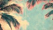 © Sinechana - Vintage-style illustration of coconut palm tree foliage against a sky background, featuring retro tones and a faded color palette, evoking a nostalgic beach poster feel