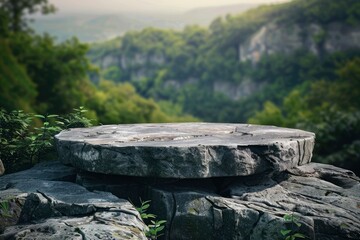 Poster - Stone podium on rock platform 3d illustration, grey rock pedestal for a product display stand, green forest and blurred horizon on the background, natural scenery landscape - generative ai