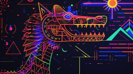Wall Mural - An abstract art piece featuring a crocodile headed Egyptian deity neon outlines and geometric shapes on a black canvas