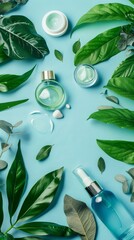 Wall Mural - Frame of organic facial cosmetic products and green leaves on pastel blue background. Natural beauty product concept. Minimal flat lay style composition, top view, copy space 