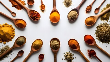 An assortment of spices and herbs on wooden spoons isolated on a white background