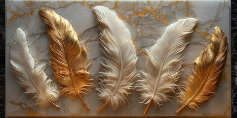 panel wall art, wall decoration, marble background with feather designs