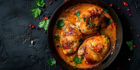 Wall Mural - Savory Chicken Fricassee with Zesty Red Pepper Sauce, a Delectable Pairing. Concept Chicken Fricassee, Red Pepper Sauce, Savory Chicken, Delectable Pairing, Zesty Flavor