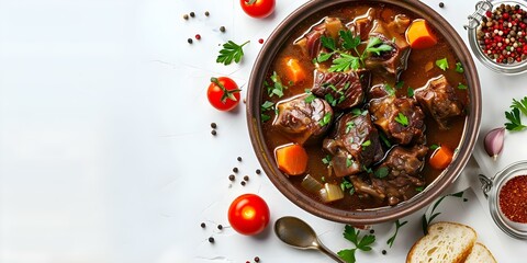 Wall Mural - Oxtail stew with beef on a white background. Concept Food Photography, Comfort Food, Hearty Dishes, White Backgrounds