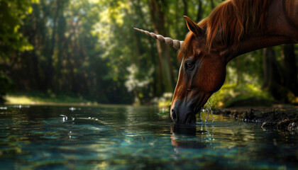 A brown horse is drinking water from a river