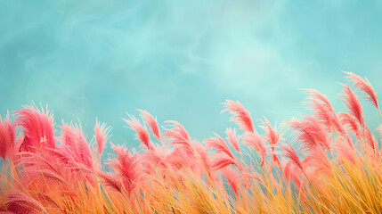 Wall Mural - Vibrant Pink and Orange Grass Against a Soft Blue Sky Background in a Serene Nature Setting