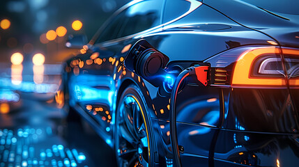 Close-Up of Electric Car Battery Charging at a Futuristic Charging Station, Featuring Innovative Technology and Sleek Black and Blue Designs in a High-Tech, Modern Environment