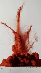 An explosion of red chili powder creates a vibrant cloud of color on a white background. The powder moves in slow motion and forms abstract shapes and textures